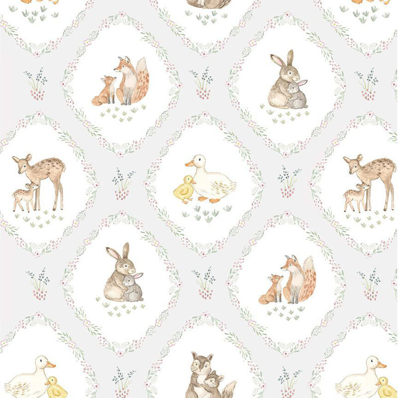 Gray fabric with an ornamental lattice pattern with framed, hand-drawn style forest animal designs.