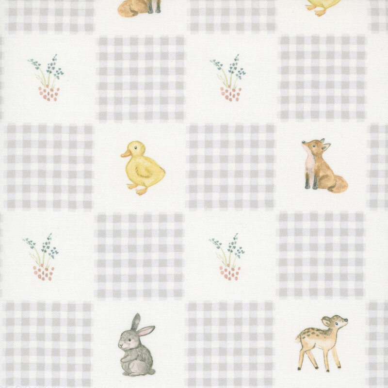 White fabric with a checker pattern combining forest creatures and gingham squares.