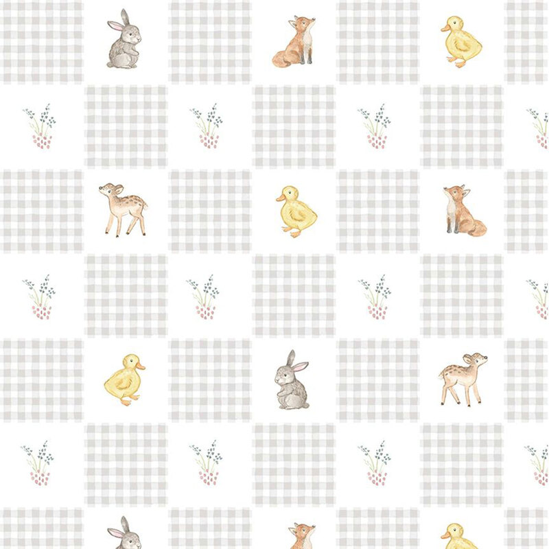 White fabric with a checker pattern combining forest creatures and gingham squares.