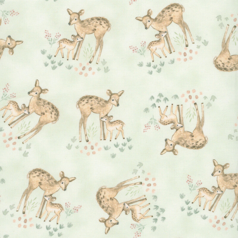Mottled soft green fabric with a hand-drawn pattern of deer families with meadow motifs.