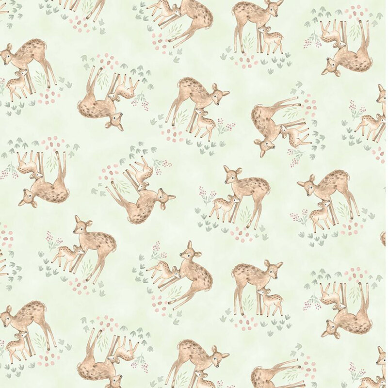 Mottled soft green fabric with a hand-drawn pattern of deer families with meadow motifs.