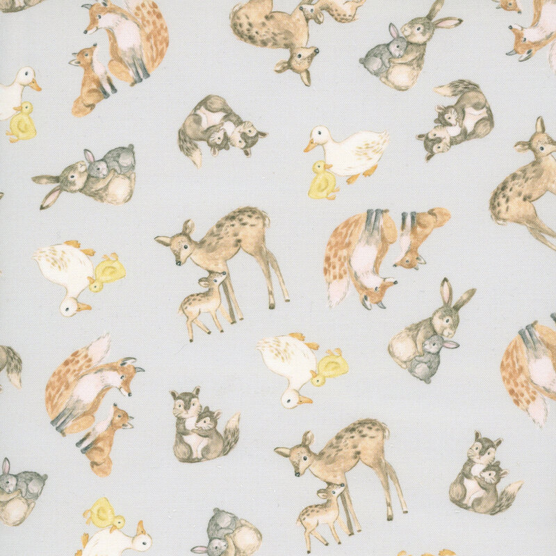 Gray fabric with a hand-drawn style pattern of woodland creature families, including deer, ducks, bunnies, and squirrels.