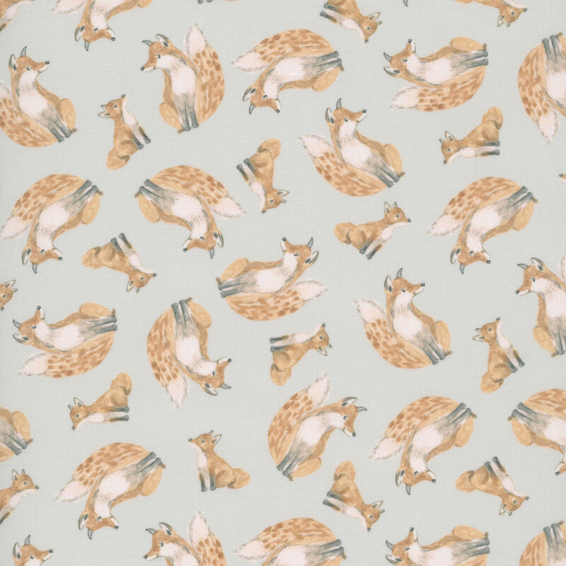 Gray fabric with a hand-drawn style pattern of fox families.