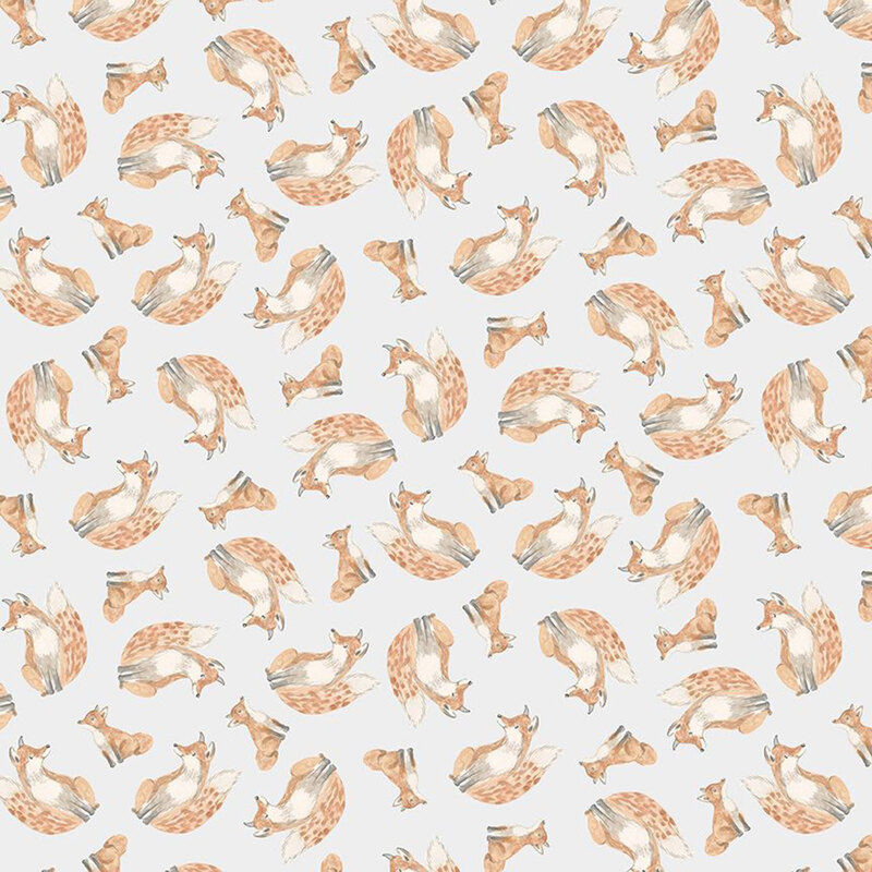 Gray fabric with a hand-drawn style pattern of fox families.