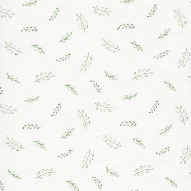 White fabric with a hand-drawn style pattern of green leaves.