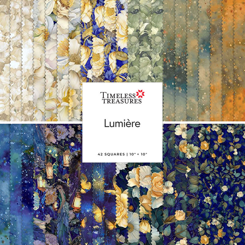 A collage of fabric squares featuring floral and abstract designs in various colors, labeled Lumière.