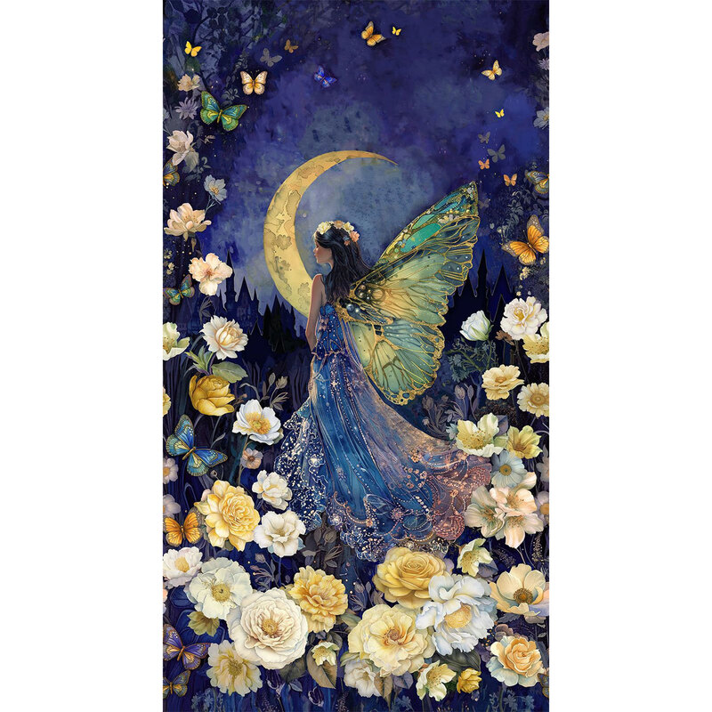 Mottled dark violet fabric panel with a fantasy-inspired scene of a fairy outside a castle, surrounded by florals and butterflies beneath a large crescent moon.