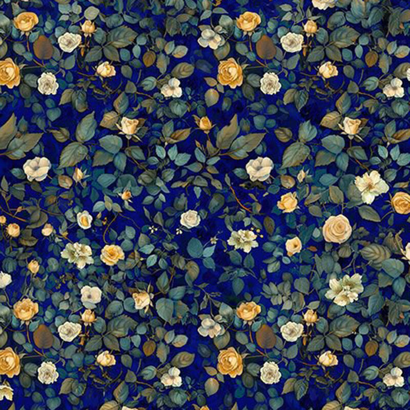 Mottled royal blue fabric with a shabby-chic pattern of pretty florals and graceful leaves.