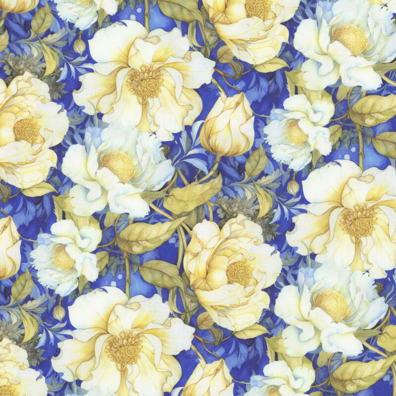 Mottled cobalt blue fabric with a graceful pattern of cream-hued stylized florals nestled among dense, leafy foliage.