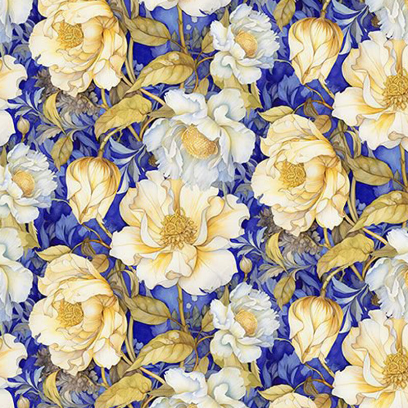 Mottled cobalt blue fabric with a graceful pattern of cream-hued stylized florals nestled among dense, leafy foliage.