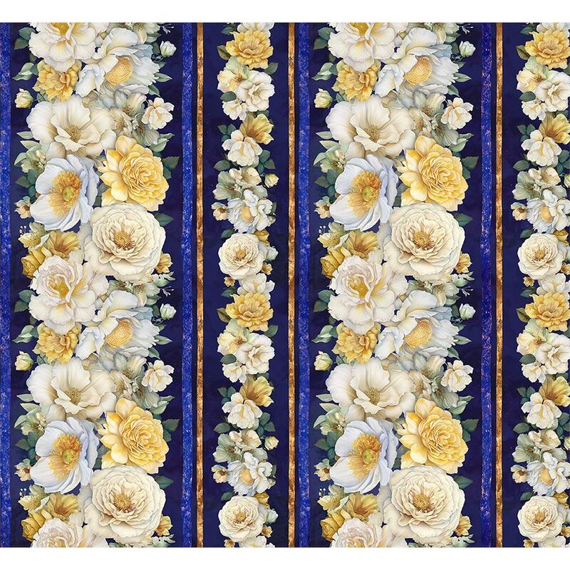 Mottled blue border print with stripes of cream-hued shabby-chic florals.