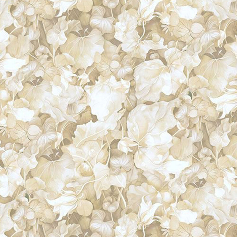 Soft cream fabric with a dense, layered pattern of leaves accented with delicate, subtle florals.