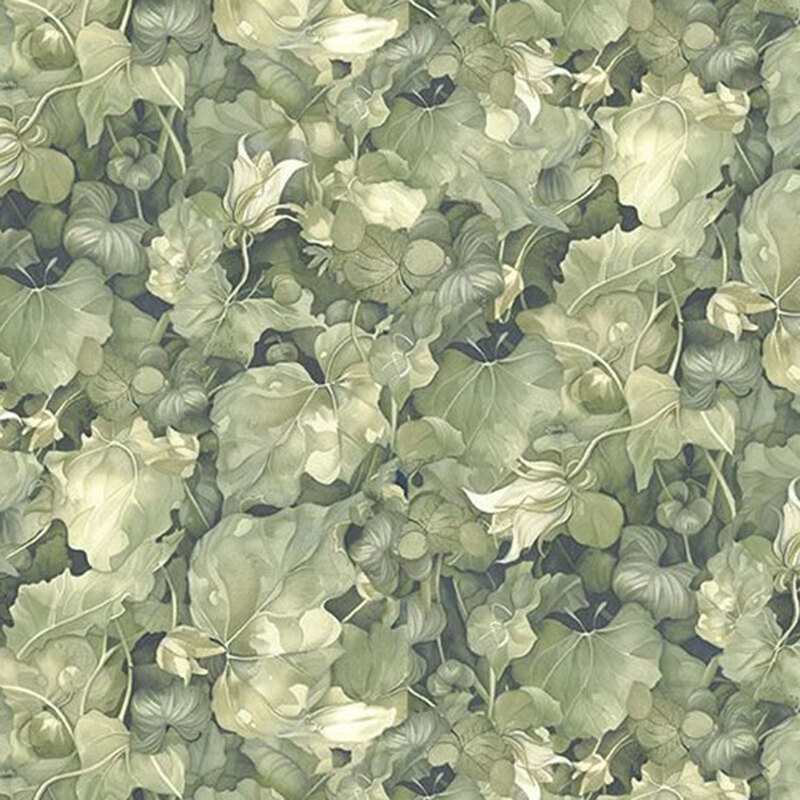 Soft green fabric with a dense, layered pattern of leaves accented with delicate, subtle florals.