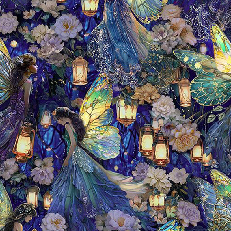 Mottled blue fabric with a pattern of scattered fairies, glowing lanterns, and stylized flowers.