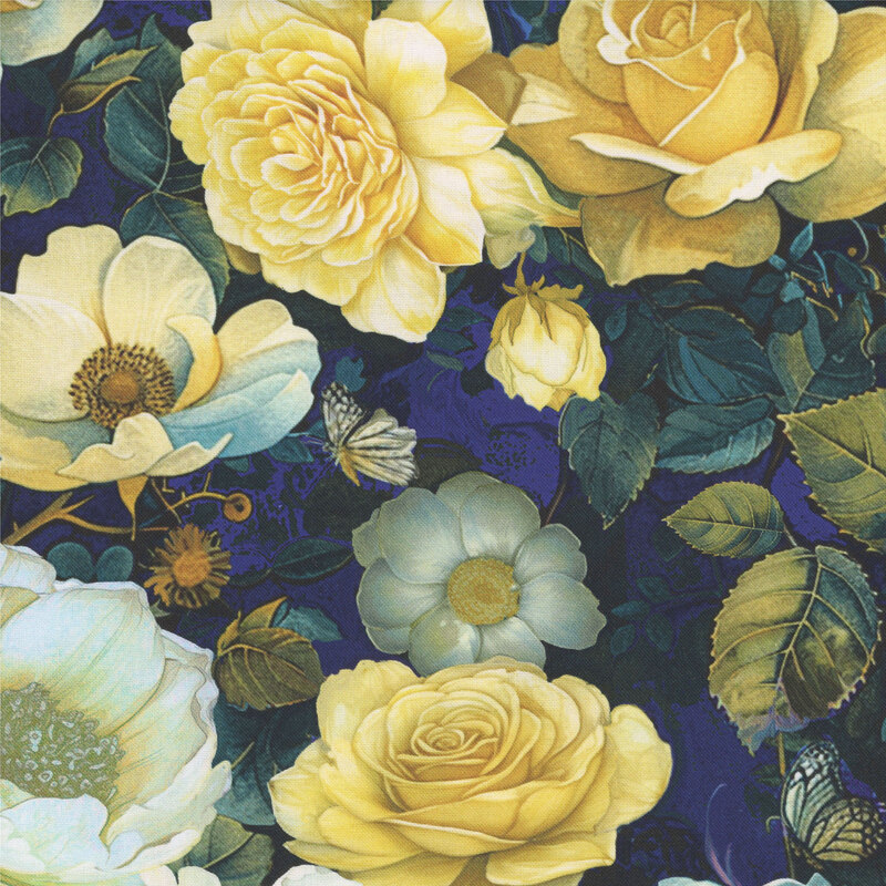 Mottled blue fabric with a charming pattern of white and yellow floral buds nestled among dense leaves and scattered butterflies.