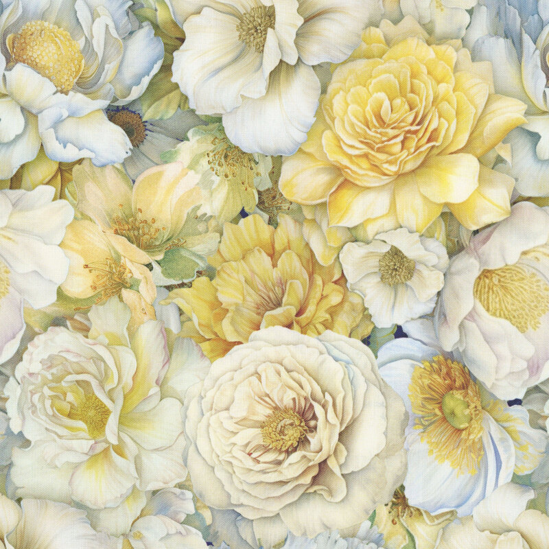 White fabric with a dense pattern of shabby-chic floral buds accented with soft yellow details.