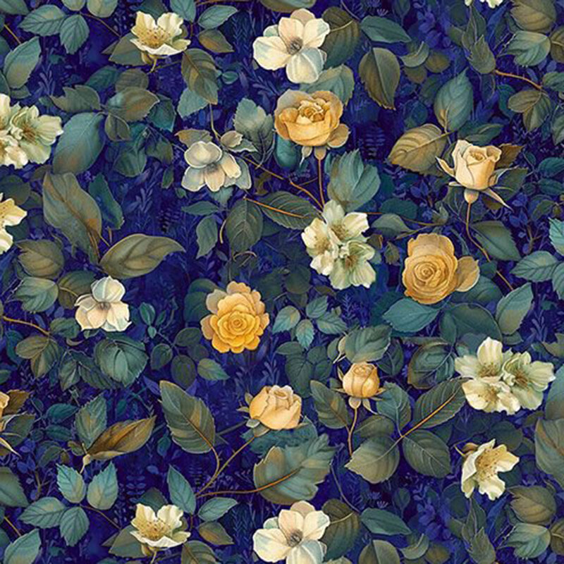 Mottled royal blue fabric with a shabby-chic pattern of pretty florals and graceful leaves.