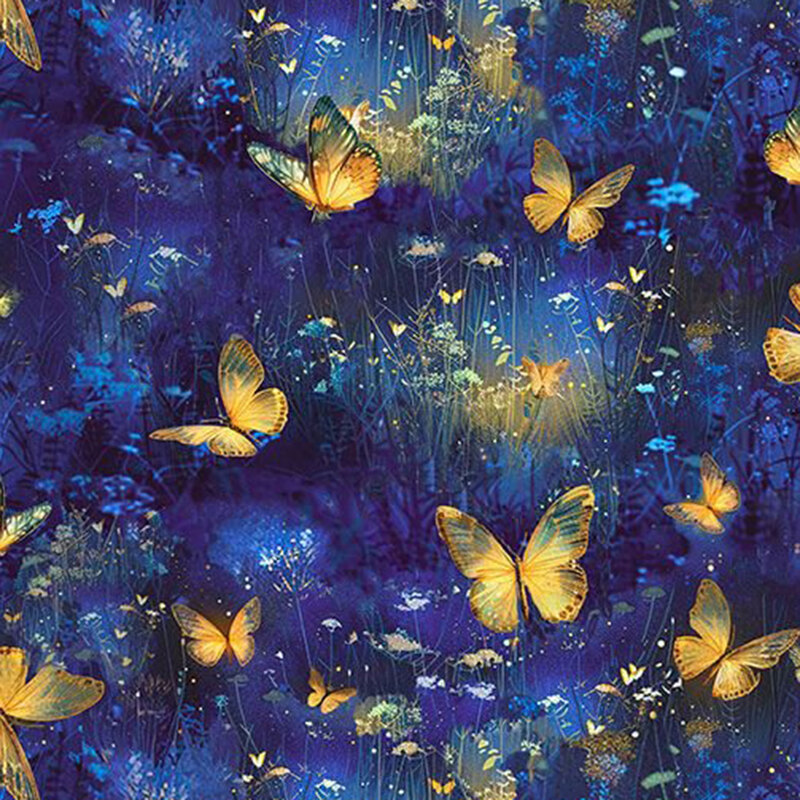 Mottled royal blue fabric with a nighttime-inspired pattern of delicate florals and softly glowing butterflies.