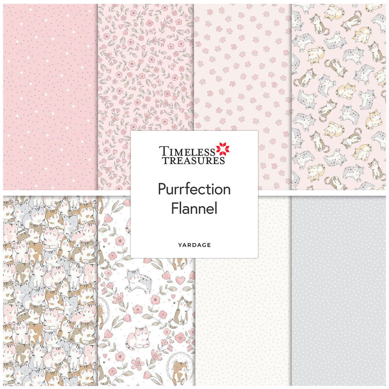 A fabric collage featuring pastel pink cat fabrics from Purrfection Flannel by Timeless Treasures. 
