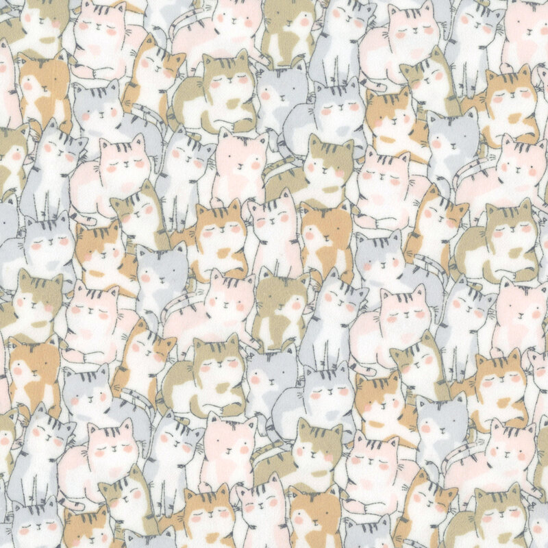 A multi color fabric packed with stylized cats. 
