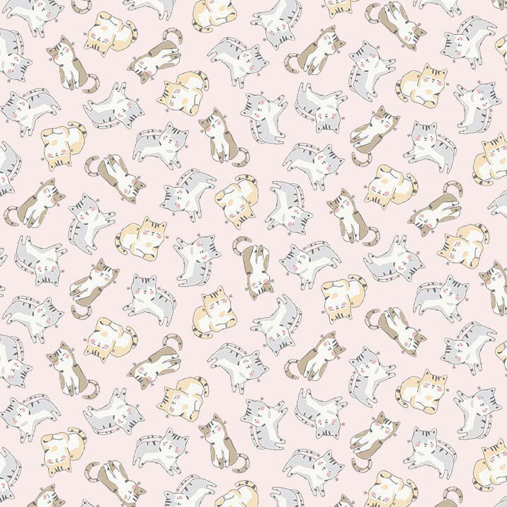 A pastel pink fabric tossed with stylized cats. 