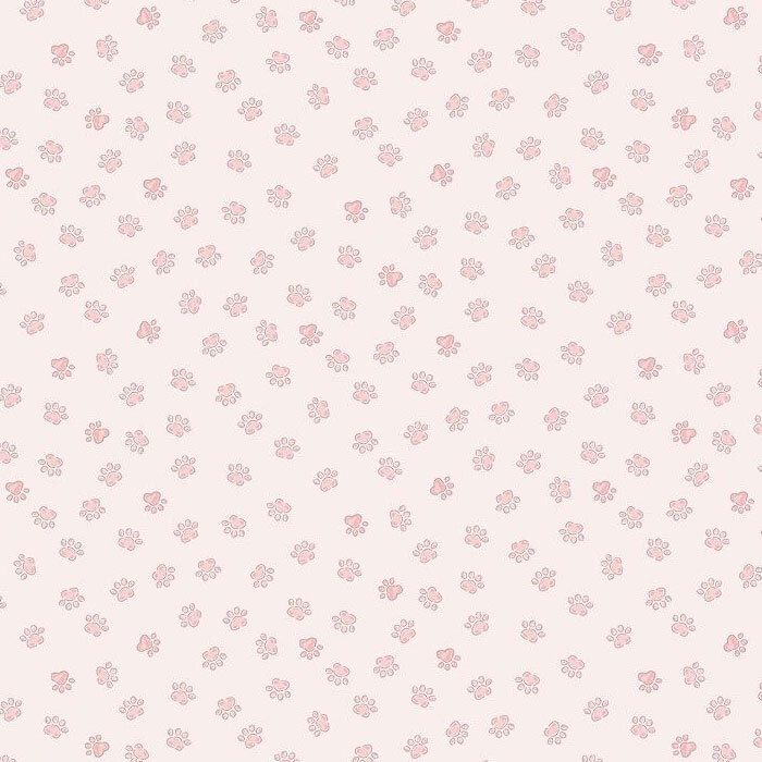 A pastel pink fabric with tossed pink cat paw prints. 