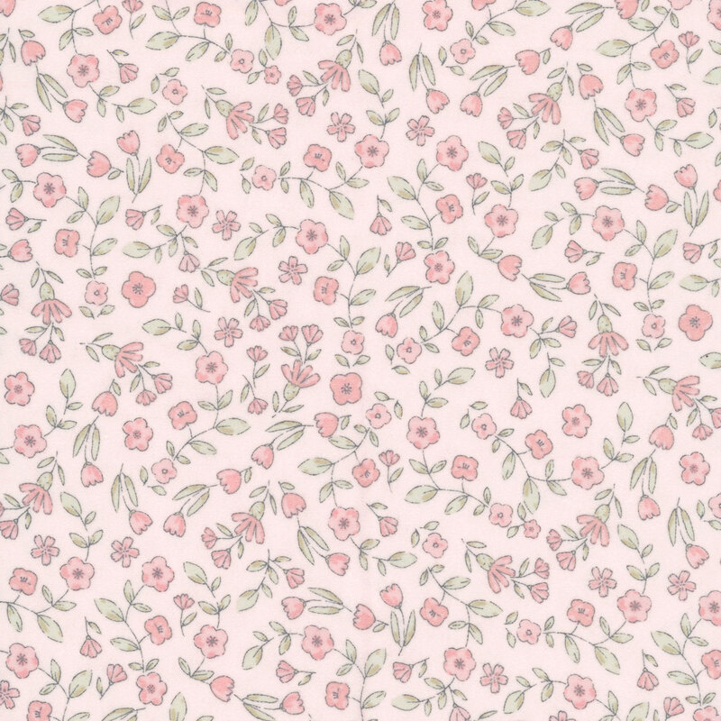 A pastel pink fabric with tossed pink flowers with green stems. 