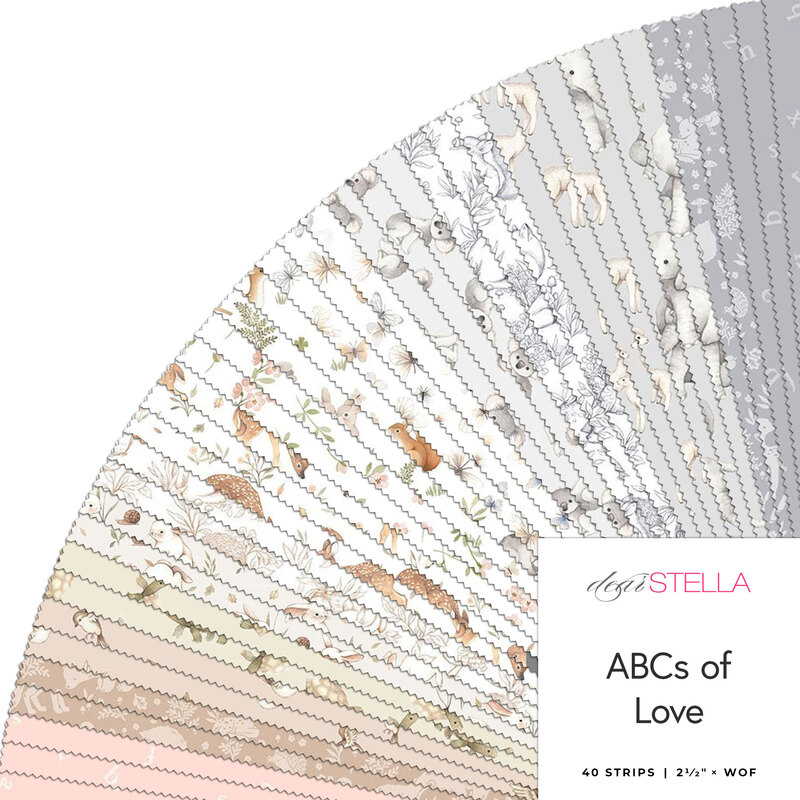  A fanned fabric collage featuring muted baby fabric from the ABCs Of Love collection. .