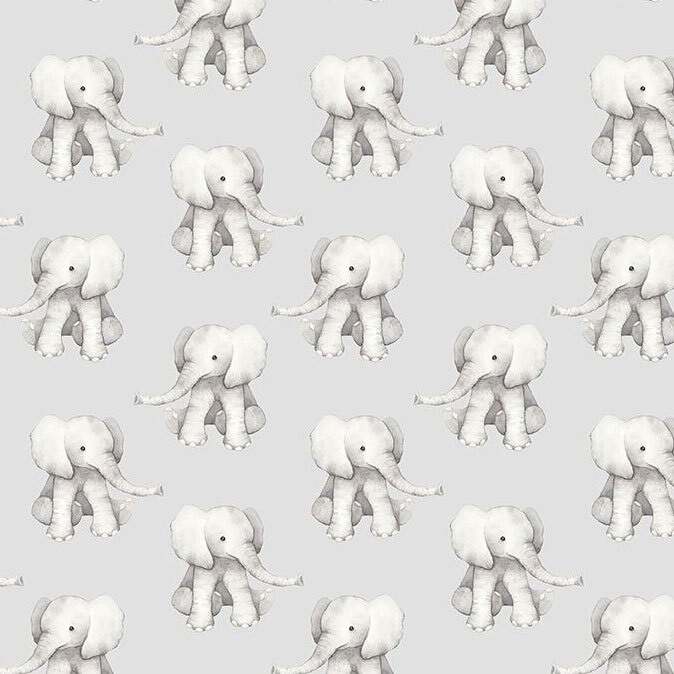 A soft gray fabric with baby elephants in a half drop pattern. 