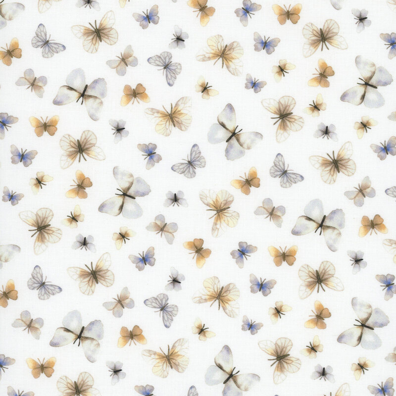 A white fabric with tossed dusty rose and muted sky blue butterflies. 