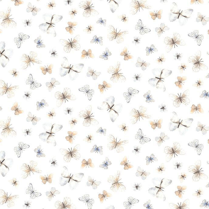 A white fabric with tossed dusty rose and muted sky blue butterflies. 