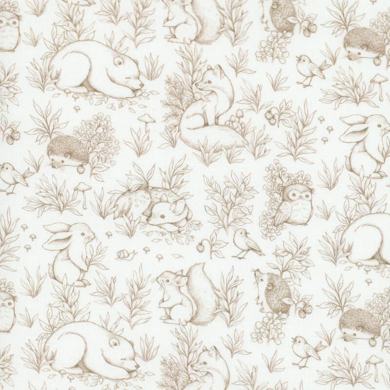 A white fabric with light brown outlines of woodland animals surrounded by flowers, fern leaves, and mushrooms in a toile style.