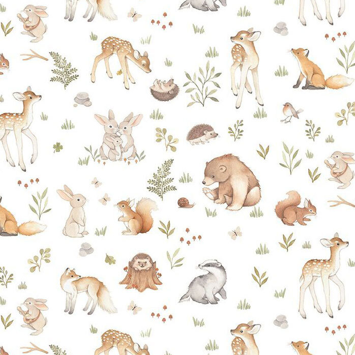 A white fabric with motifs of baby woodland animals scattered with rocks, sprigs, and insects. 