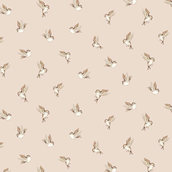 A very light brown fabric with tossed birds. 