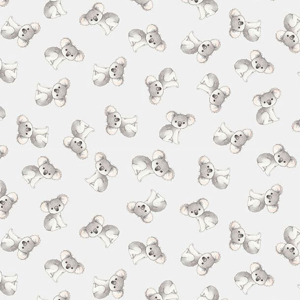 A very light blue fabric with tossed kolas bears. 