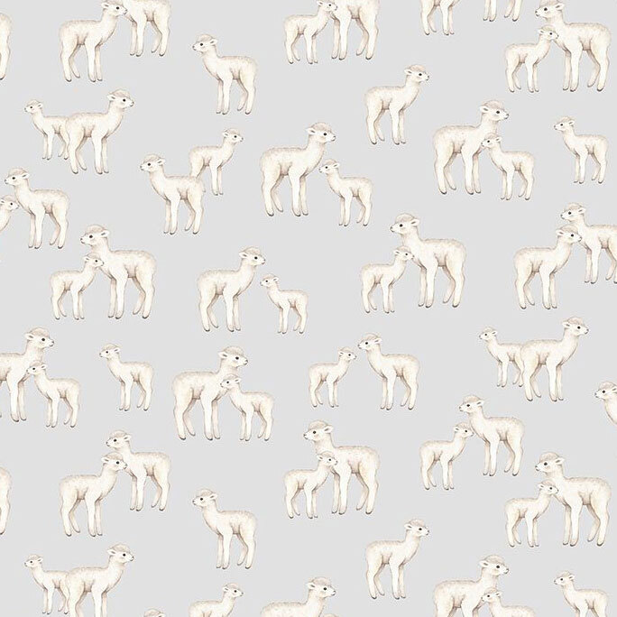 A very light blue fabric with a pattern of baby alpacas. 