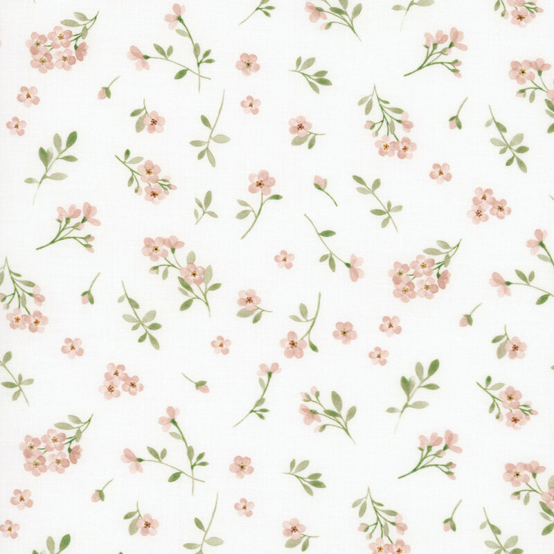 A white fabric with tossed pink florets, bunches of pink flowers, and leaves.   