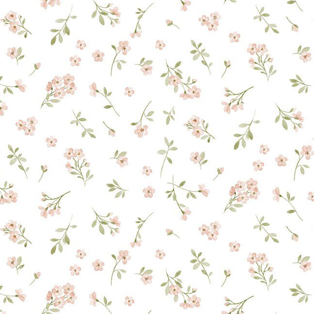 A white fabric with tossed pink florets, bunches of pink flowers, and leaves.   