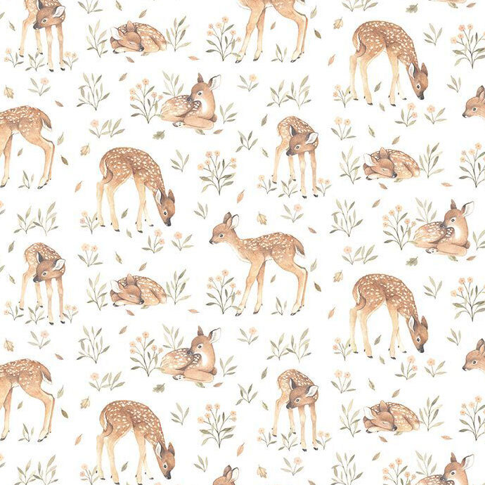 A white fabric with fawns surrounded by bunches of flowers and leaves. 
