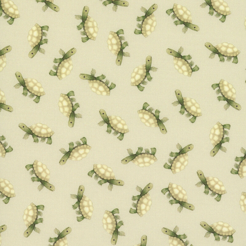 A very light olive green fabric with tossed tortoises. 