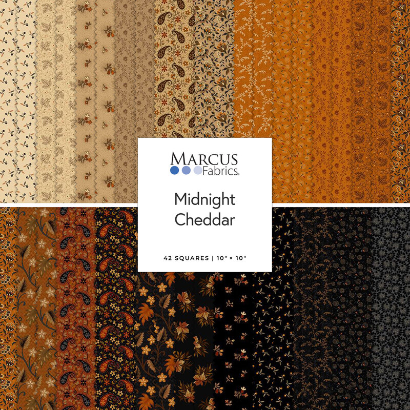 Two rows of patterned fabric swatches in tan, orange, and black with autumn themes, labeled Midnight Cheddar from Marcus Fabrics.