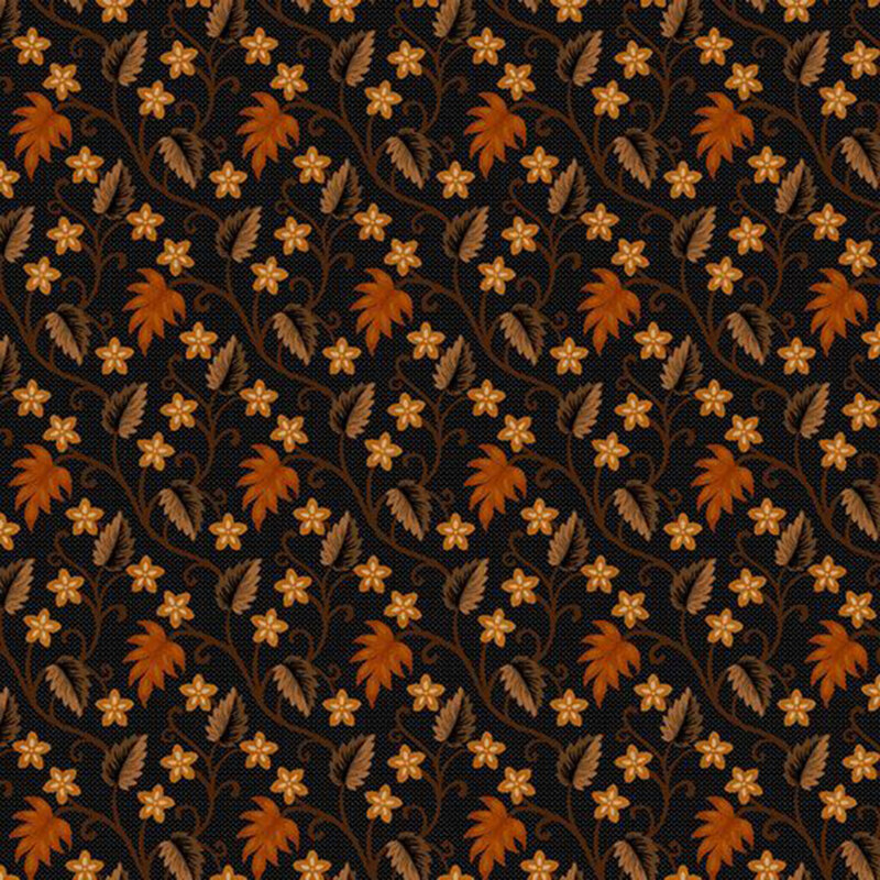 Black fabric featuring leaves and flowers in orange and brown with swirling vines.