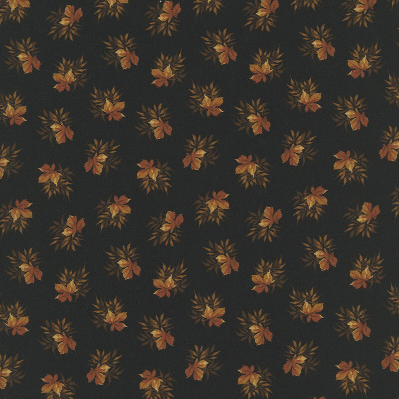 Black fabric tossed with bouquets of brown leaves with an orange oak leaf.
