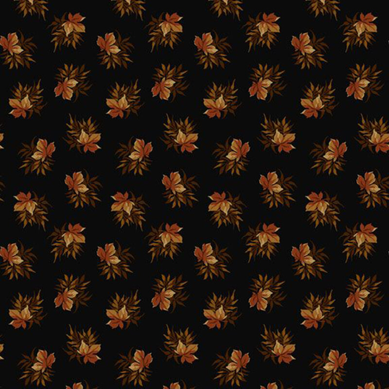 Black fabric tossed with bouquets of brown leaves with an orange oak leaf.