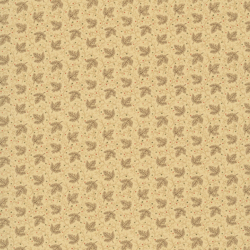 Buff fabric featuring brown stylized leaves, thorn-filled vines, and dotted accents.