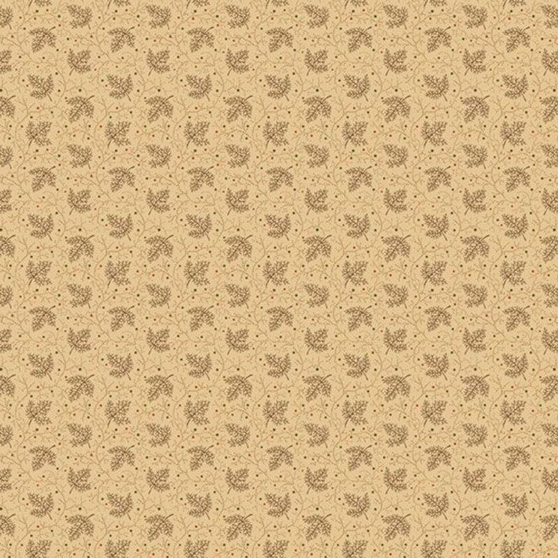 Buff fabric with brown stylized leaves and tonal thorn-filled vines.