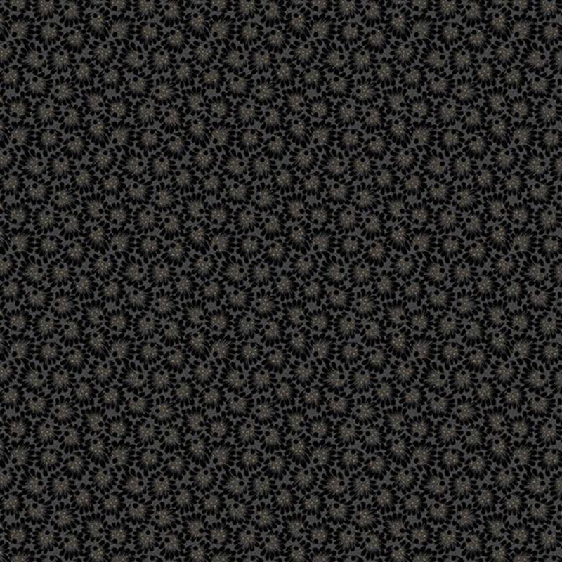 Black fabric with tonal textures and abstract leaves.