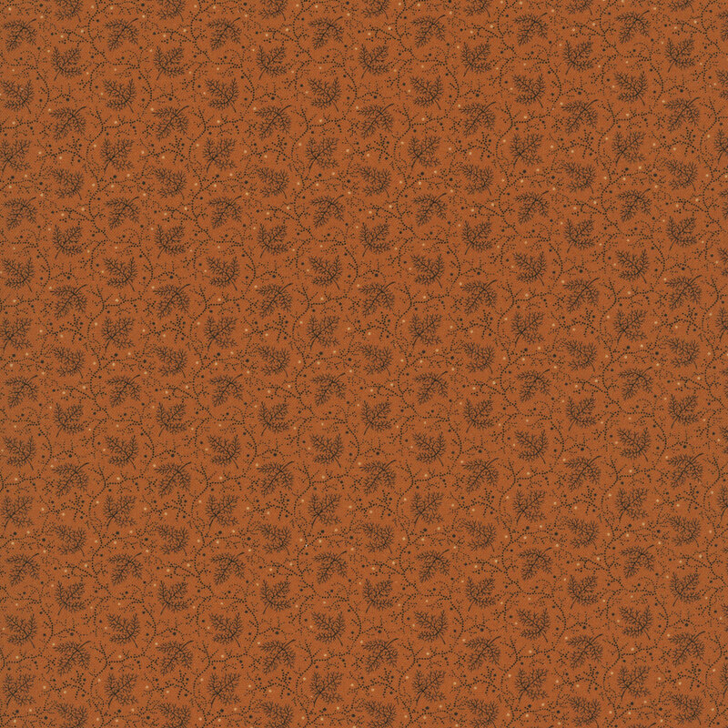 Burnt sienna fabric with stylized leaves, thorn-filled vines, and dotted accents.