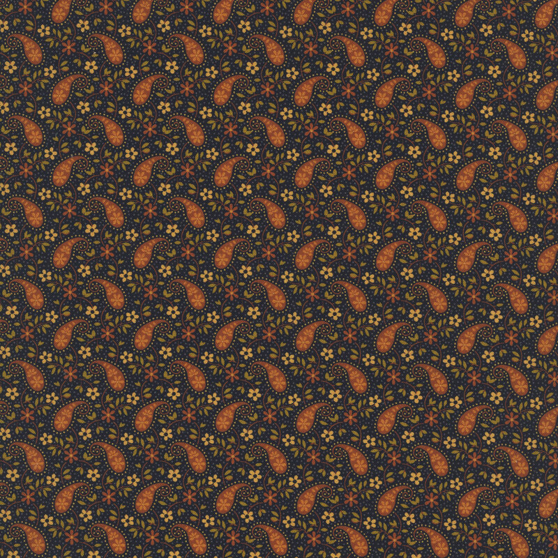 Black fabric featuring red orange floral paisley designs with leafy floral vines and tiny dotted accents.