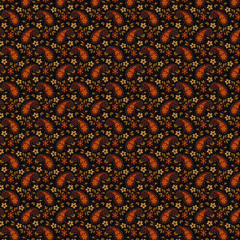 Black fabric featuring red and brown floral paisley designs tossed with leafy vines and flowers.